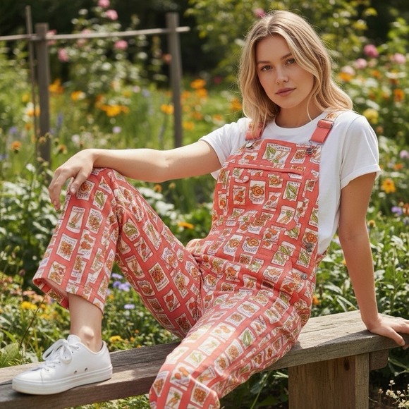 DULUTH TRADING Heirloom Gardening Bib Overalls Medium X31 NWT Coral Seed Packets